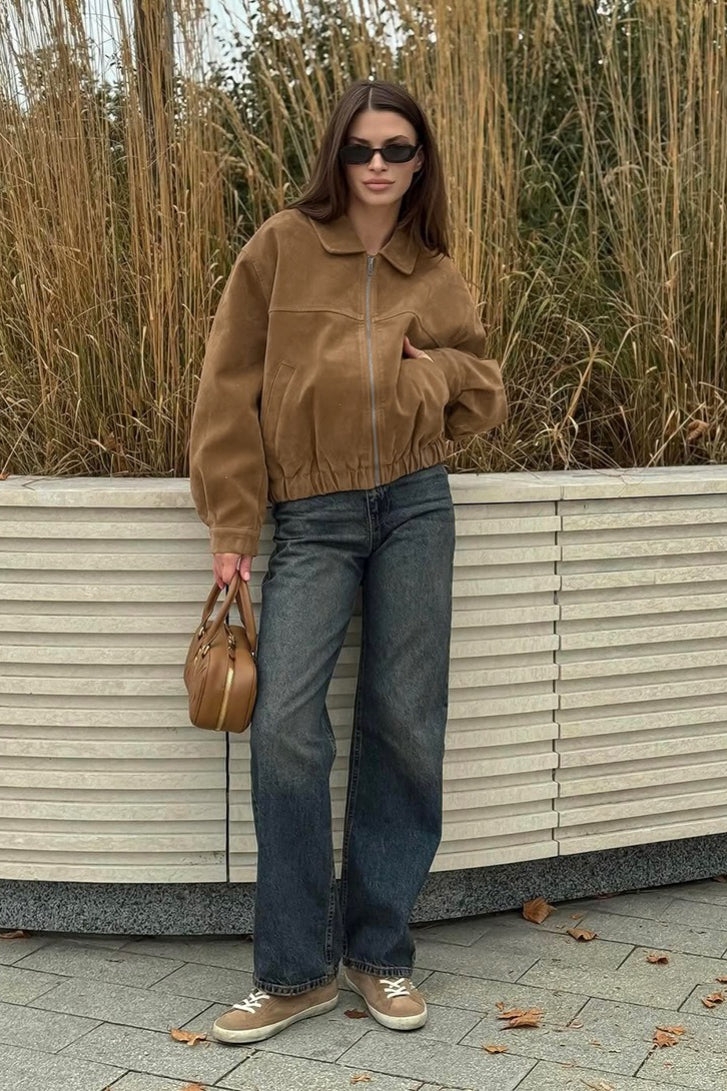 Amelia Suede Zip-Up Bomber Jacket