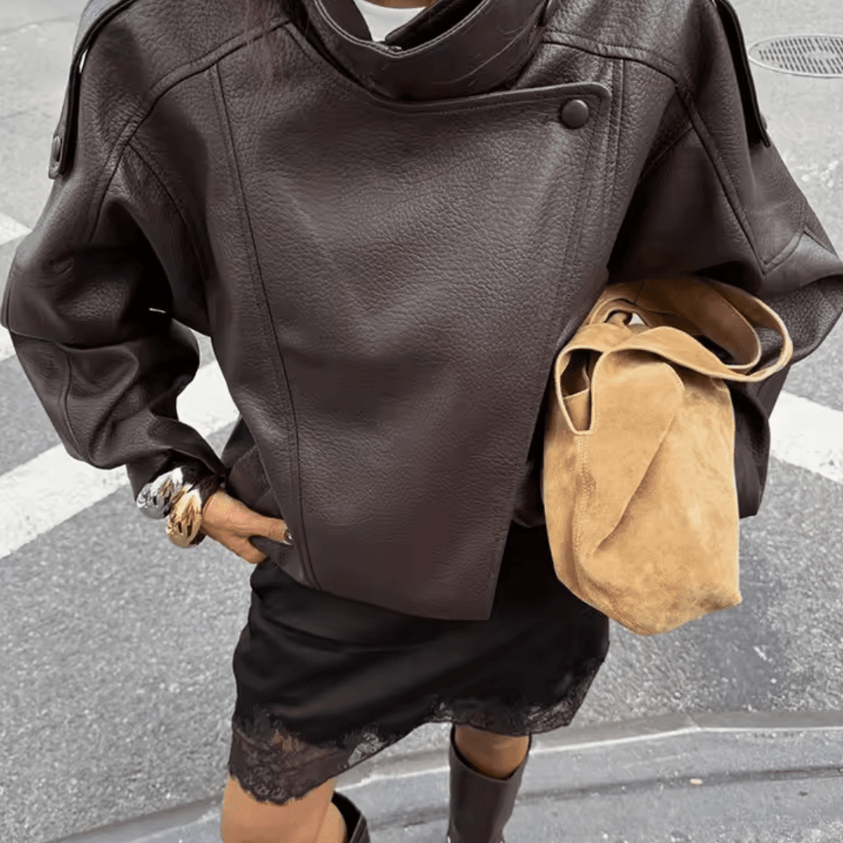 SOKYND Aleah Asymmetrical Leather Jacket Coats & Jacketsgv1767356248732388863BrownXS
