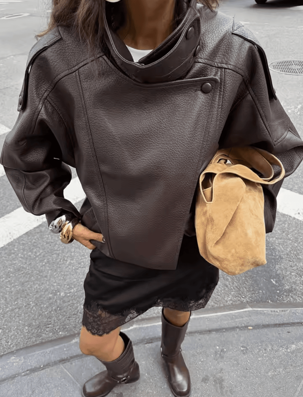 SOKYND Aleah Asymmetrical Leather Jacket Coats & Jacketsgv1767356248732388863BrownXS