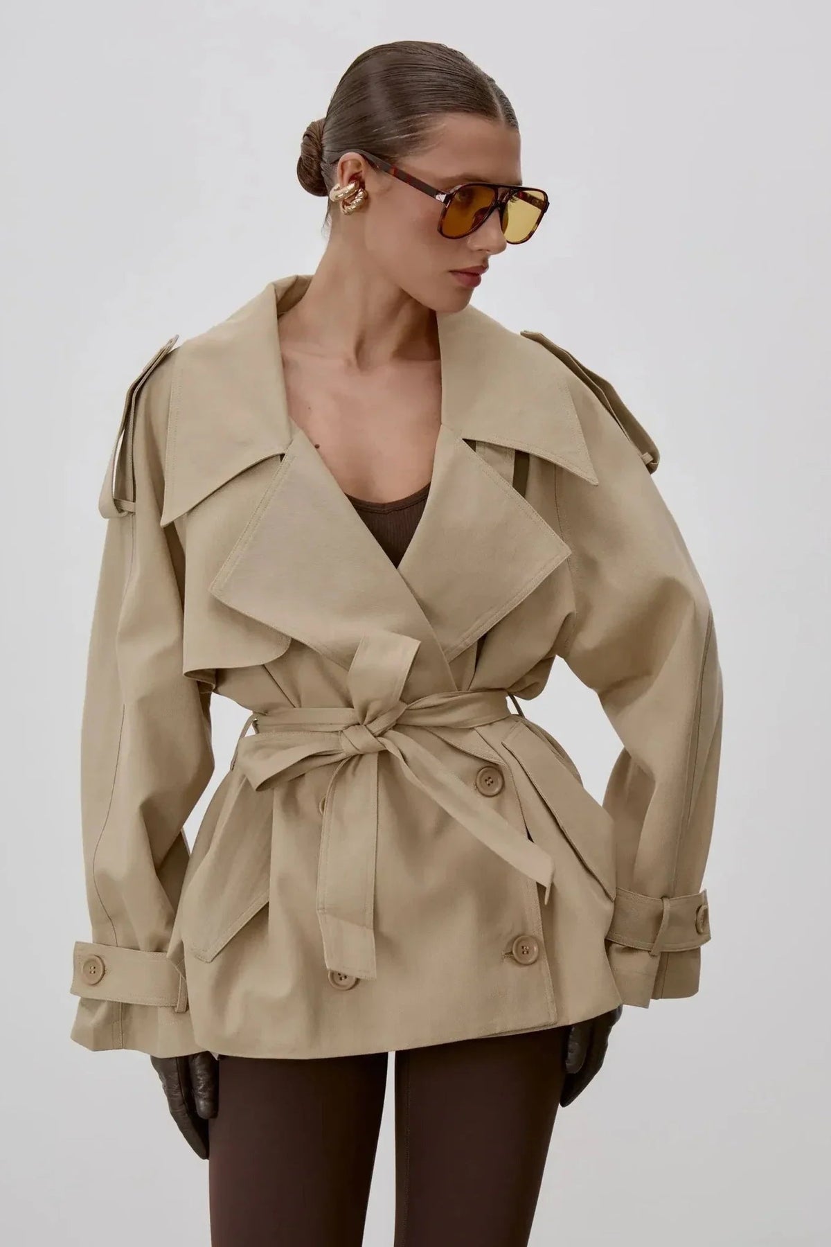 SOKYND Alice Lace Up Stand Collar Trenchcoat Coats & JacketsQC1774219786679177464BeigeS