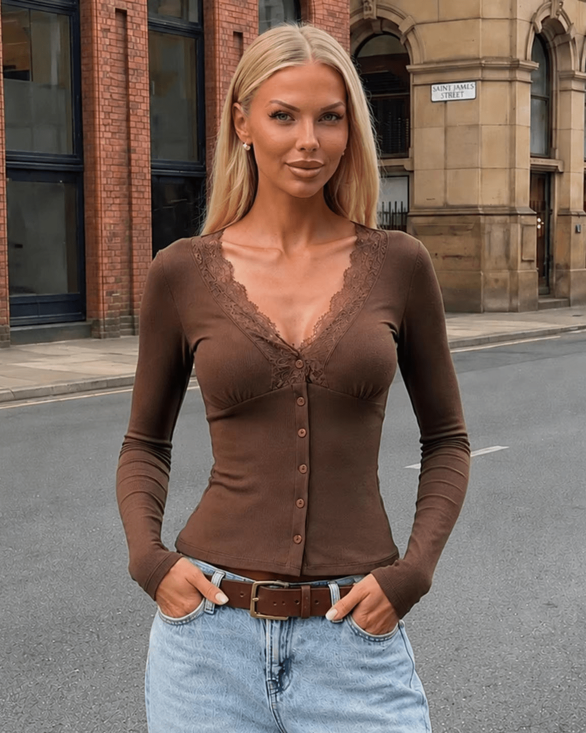 SOKYND Amelie Lace Trim Slim Henley Cardigan CardiganSOKYND-916823-BRO-M-59255BrownM