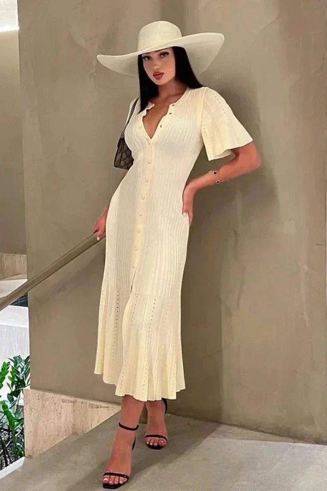 SOKYND Daniela Bell Sleeve Pleated Knit Midi Dress DressesSOKYND-493911-BEI-S-33431BeigeS