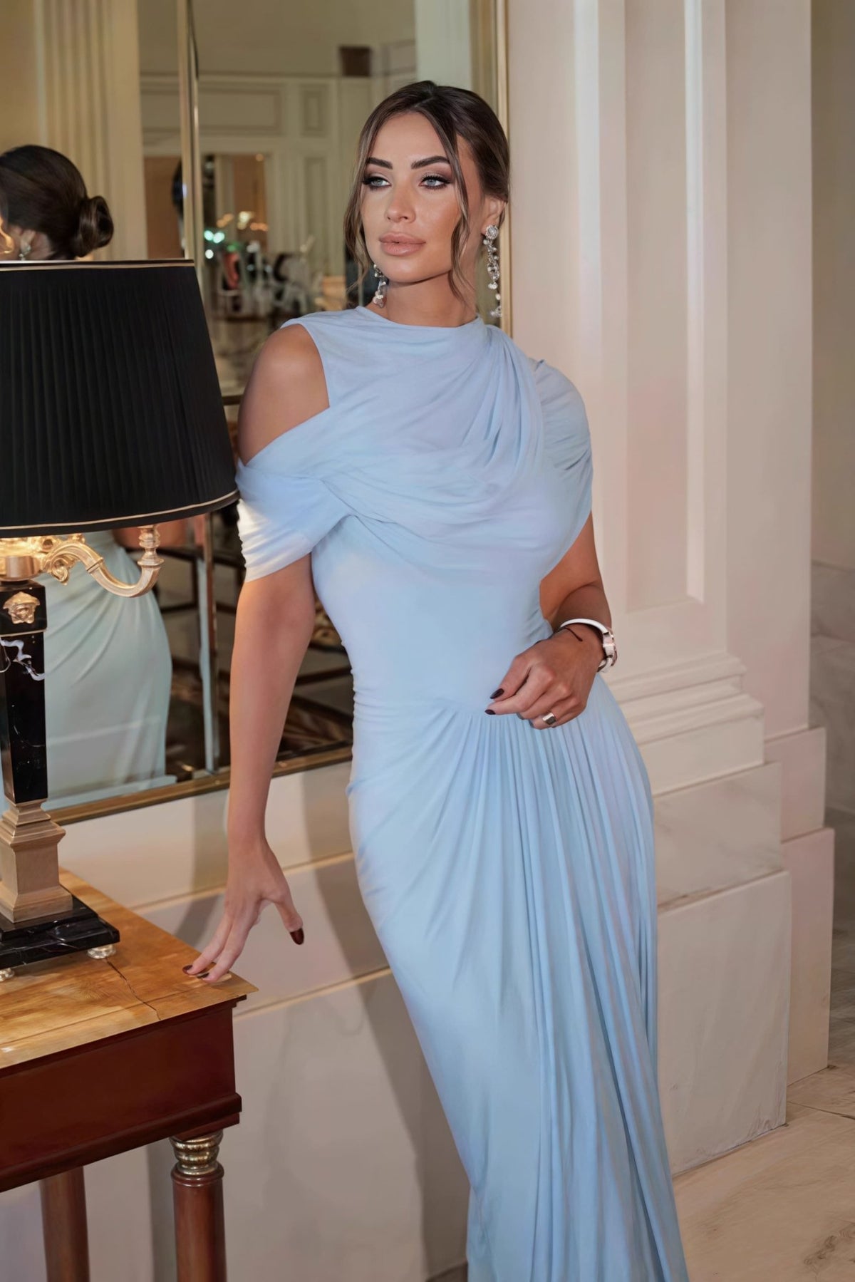SOKYND Caprice Shawl Collar Ruffle Maxi Dress DressesOe1774526245051035317Light BlueS
