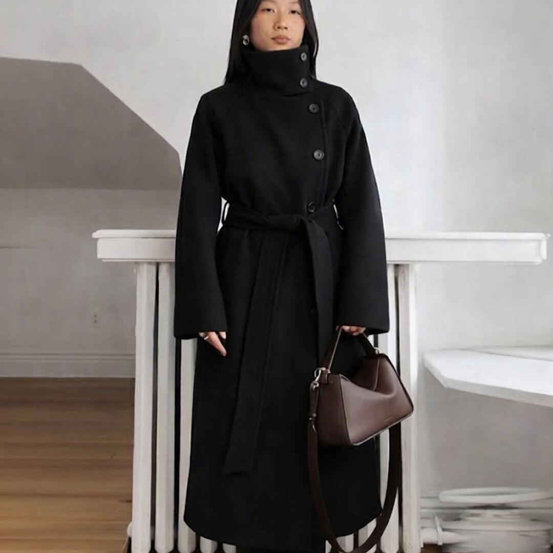 SOKYND Dolly Long Belted High Collar Coat in Black