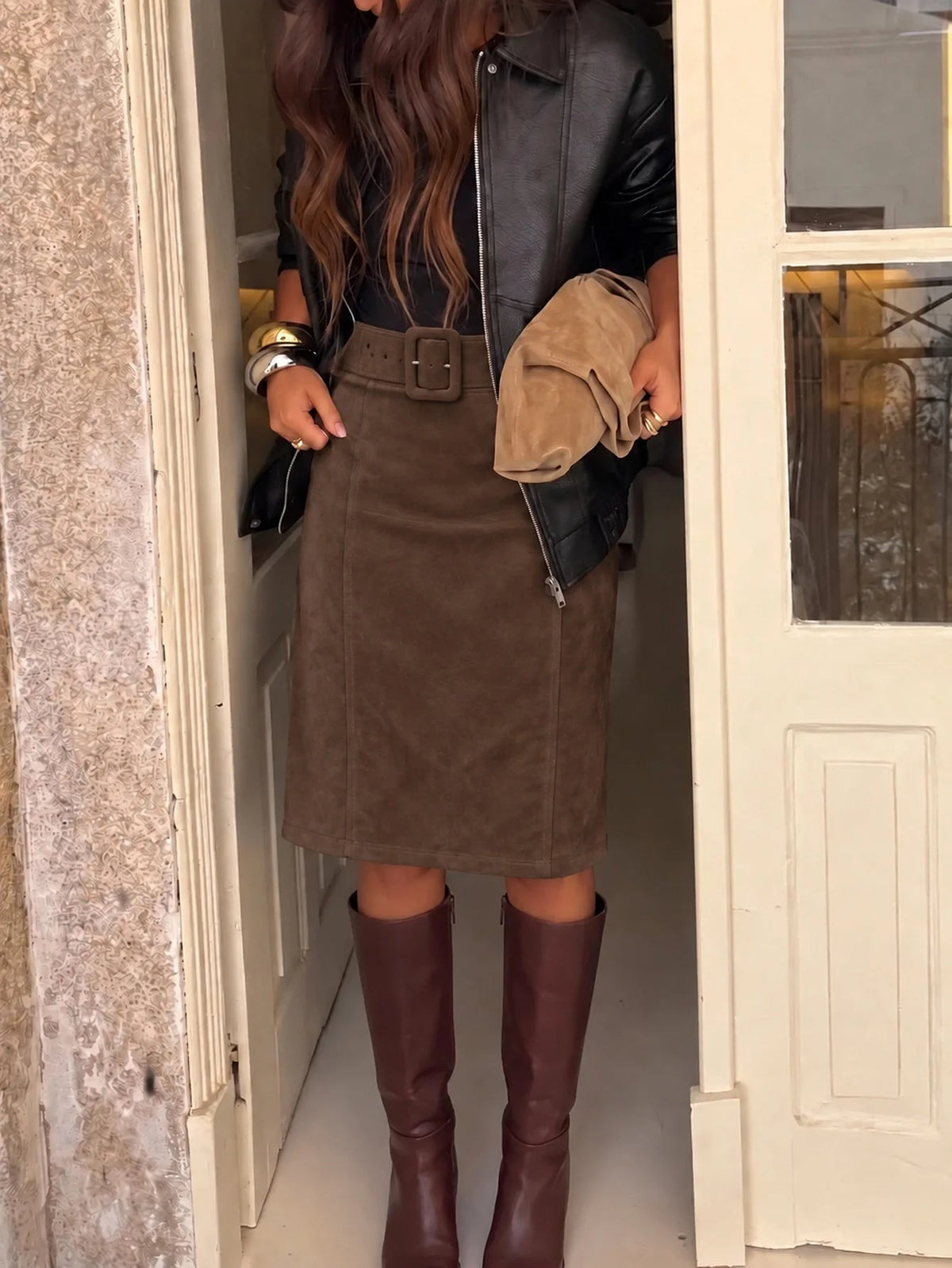 SOKYND Ellie Belted Faux Suede Midi Skirt SkirtSOKYND-692311-BRO-L-27383BrownL
