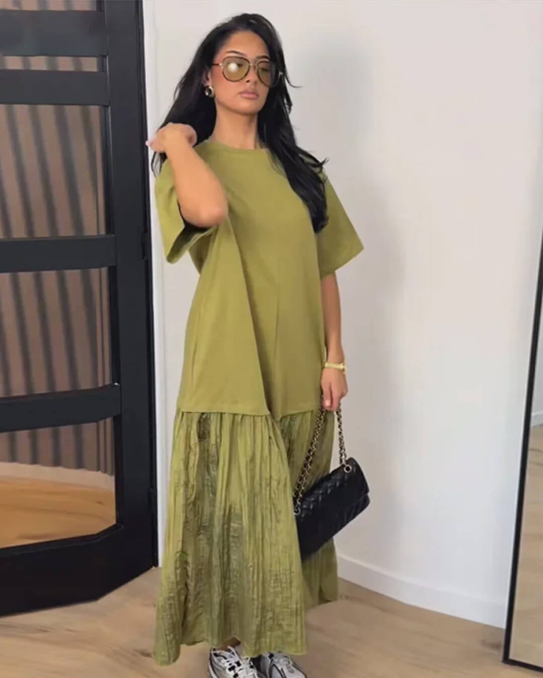 SOKYND Emilia Pleated Patchwork Midi Dress DressSOKYND-049367-GRE-L-91479GreenL