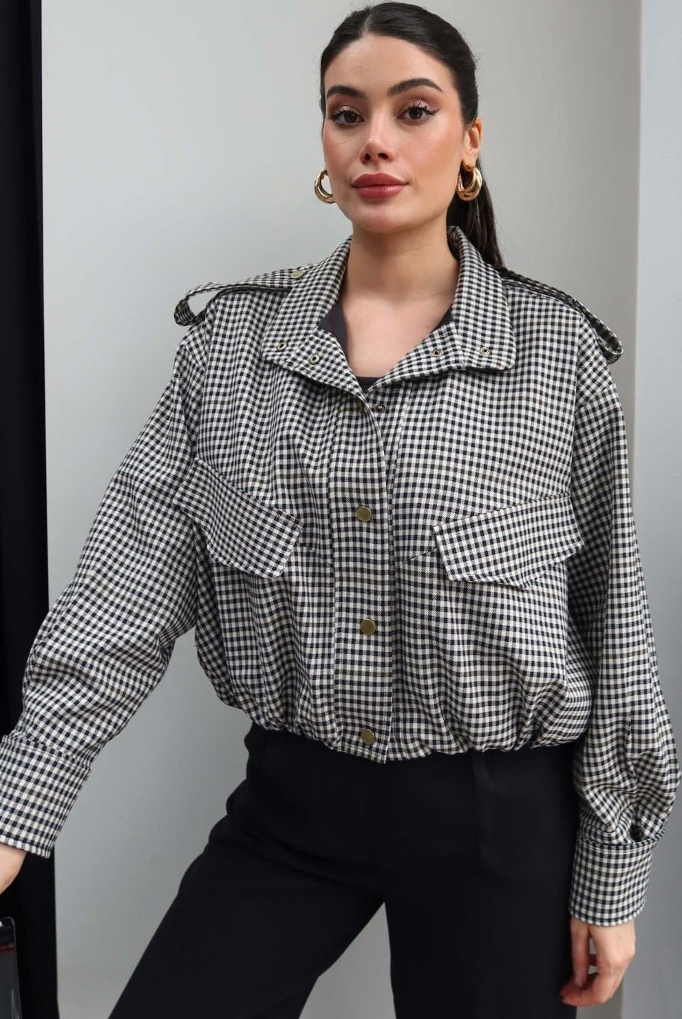 SOKYND Emma High Neck Checked Bomber Jacket JacketSOKYND-266007-S-OS-25591S