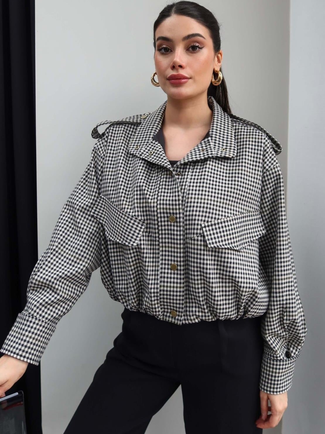 SOKYND Emma High Neck Checked Bomber Jacket JacketSOKYND-266007-S-OS-25591S