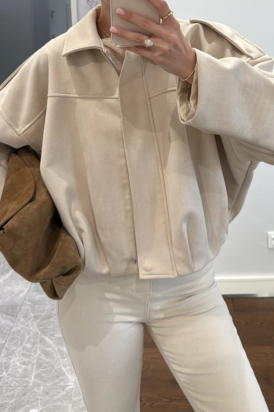 SOKYND Erica Faux Suede Bomber Jacket JacketSOKYND-248727-CRE-S-46775CreamS