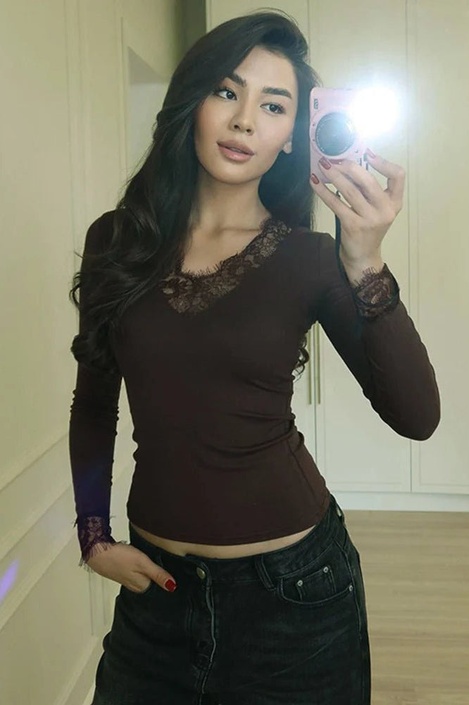 SOKYND Evelyn Lace V-Neck Casual Top TopSOKYND-482135-BRO-S-81367BrownS