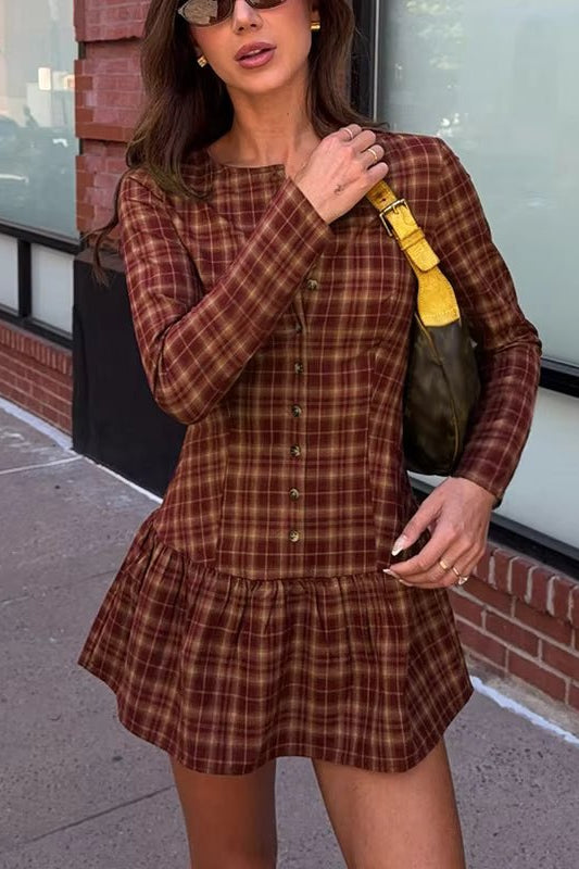 SOKYND Lily Long Sleeve Plaid Mini Dress DressSOKYND-074967-BUR-L-86903BurgundyL