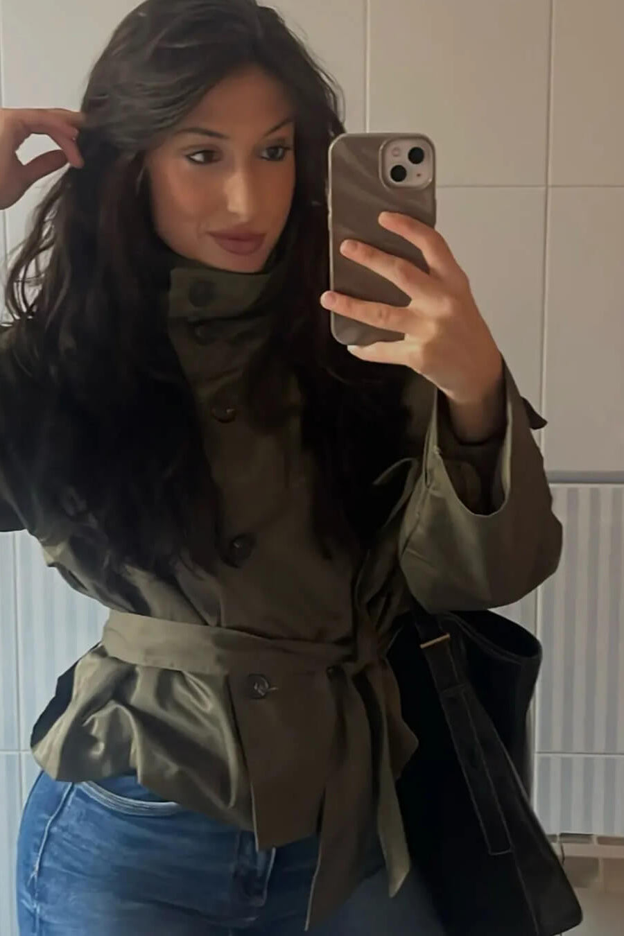 Mara cropped trench coat in olive | SOKYND