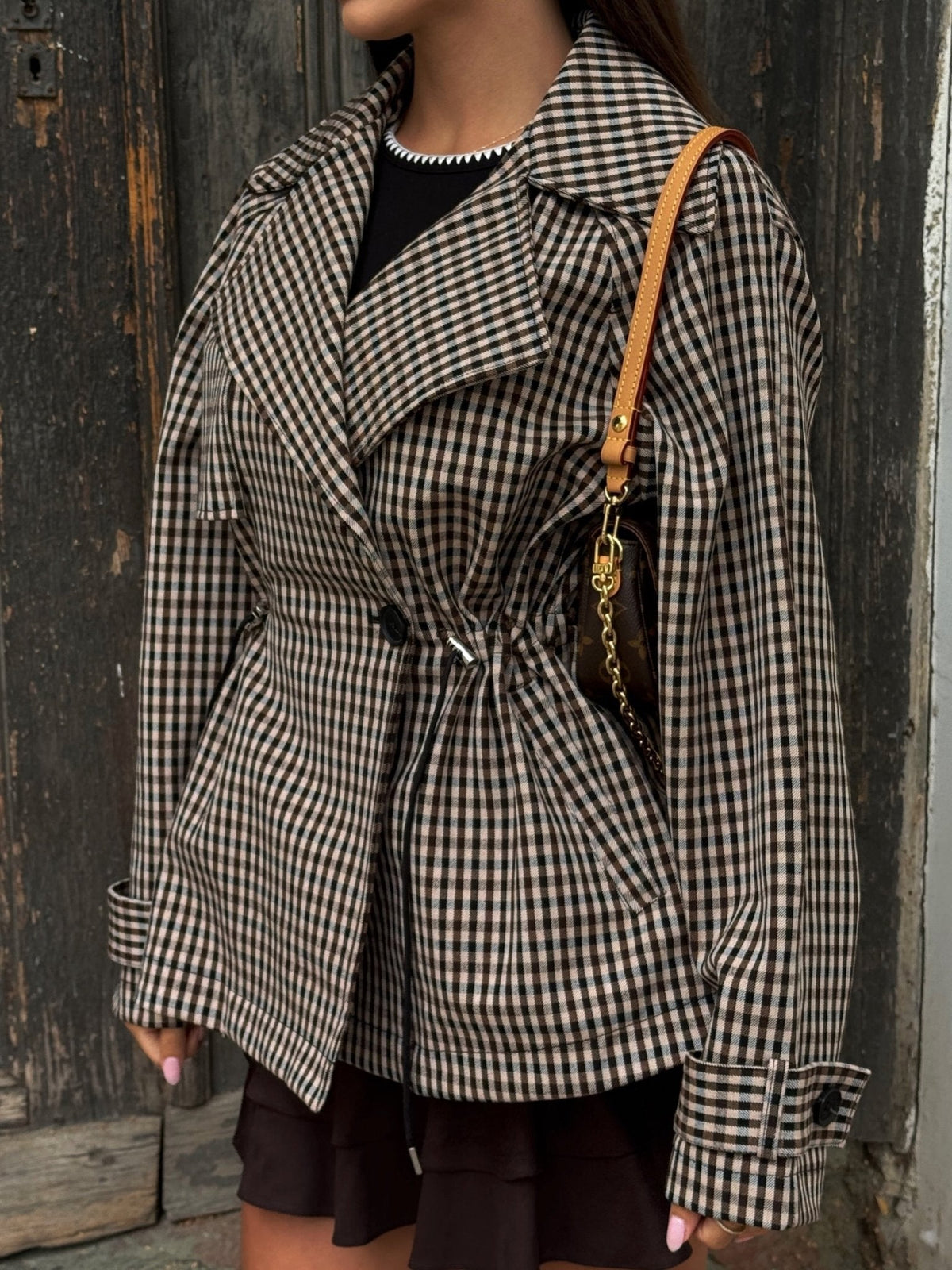 SOKYND Maria Drawstring Gingham Short Trench CoatSOKYND-115607-BEI-S-66775BeigeS
