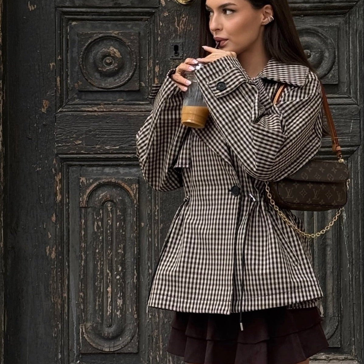SOKYND Maria Drawstring Gingham Short Trench CoatSOKYND-115607-BEI-XS-34007BeigeXS