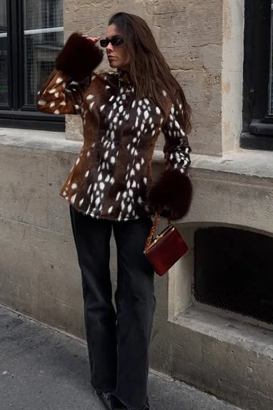 SOKYND Melissa Contrast Cuff Faux Fur Jacket JacketBrownXS