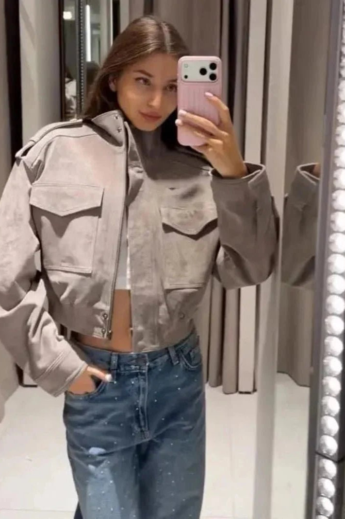 SOKYND Nina Faux Suede Cropped Jacket JacketSOKYND-838551-GRE-L-50647GreyL
