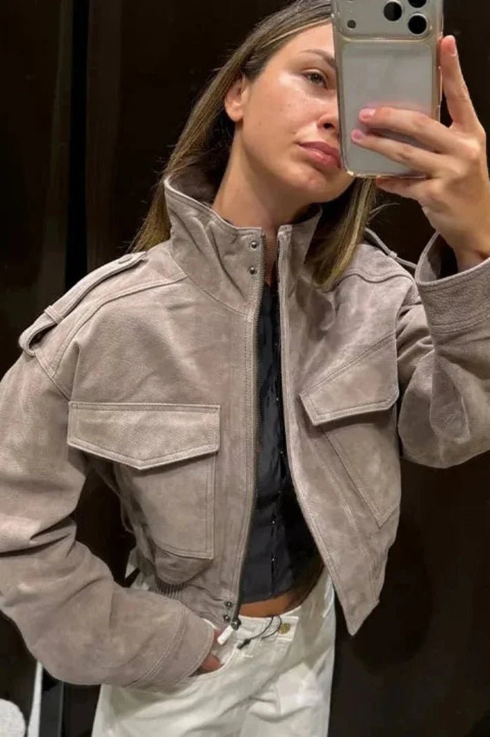 SOKYND Nina Faux Suede Cropped Jacket JacketSOKYND-838551-GRE-S-85111GreyS
