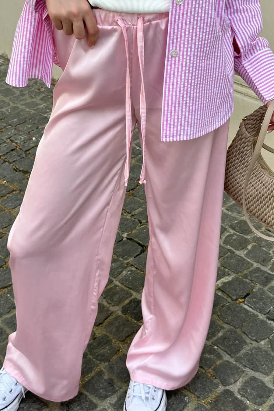 SOKYND Paige High Waist Satin Wide Leg Trousers BottomsPinkM