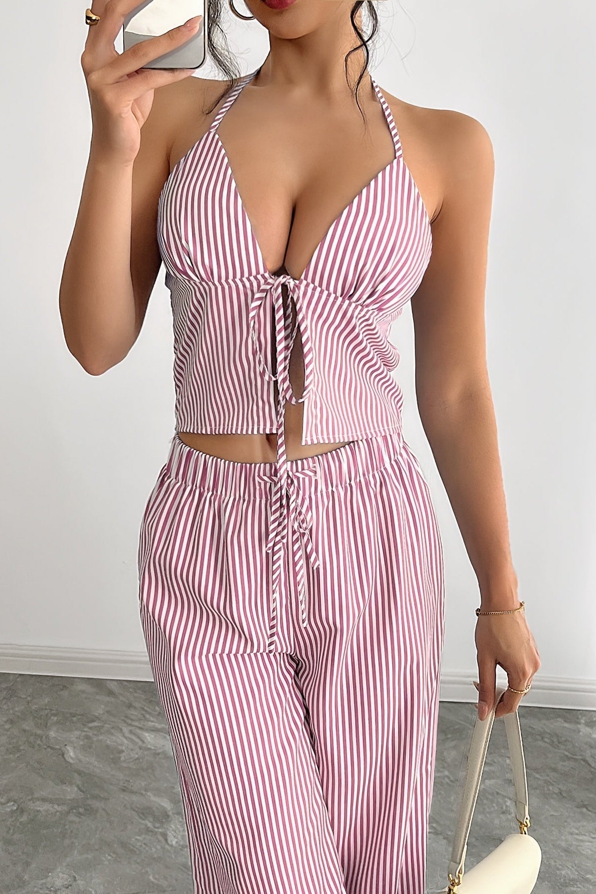 SOKYND Phoenix Striped Halter Tank Top Set TopSOKYND-043735-PIN-XS-16247PinkXS