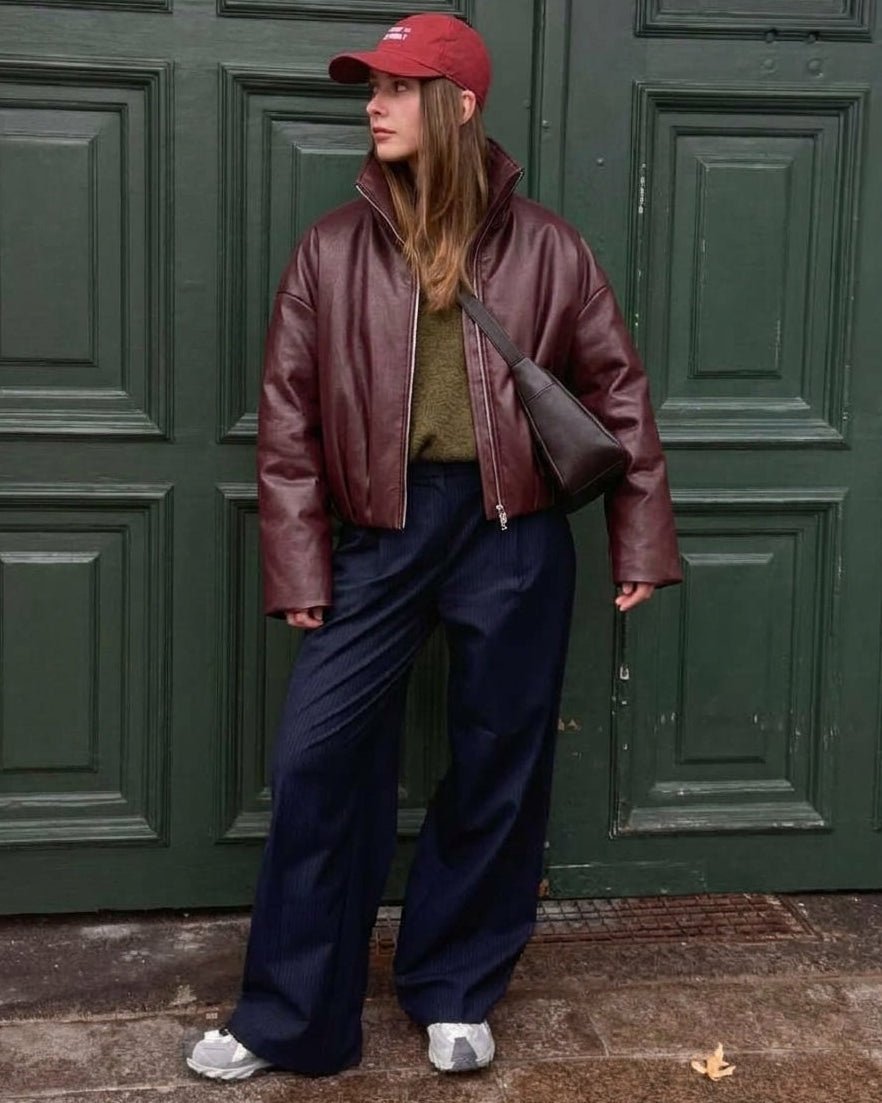 SOKYND Rose Funnel Neck Faux Leather Biker Jacket JacketSOKYND-399511-BUR-L-24631BurgundyL