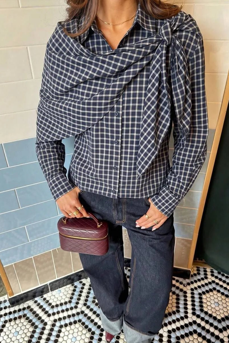 SOKYND Sabrina Plaid Scarf-Tie Shirt BlouseSOKYND-228247-NAV-S-16983NavyS