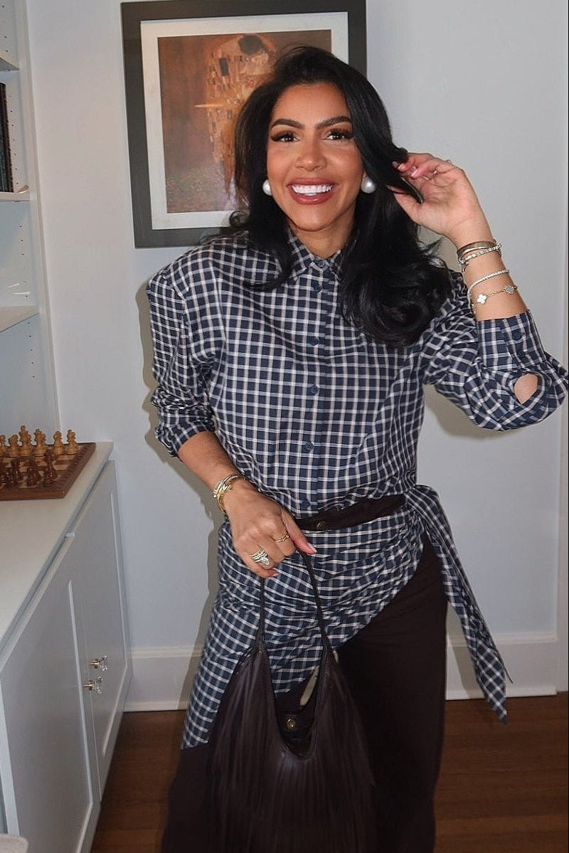 SOKYND Sabrina Plaid Scarf-Tie Shirt BlouseSOKYND-228247-NAV-S-16983NavyS