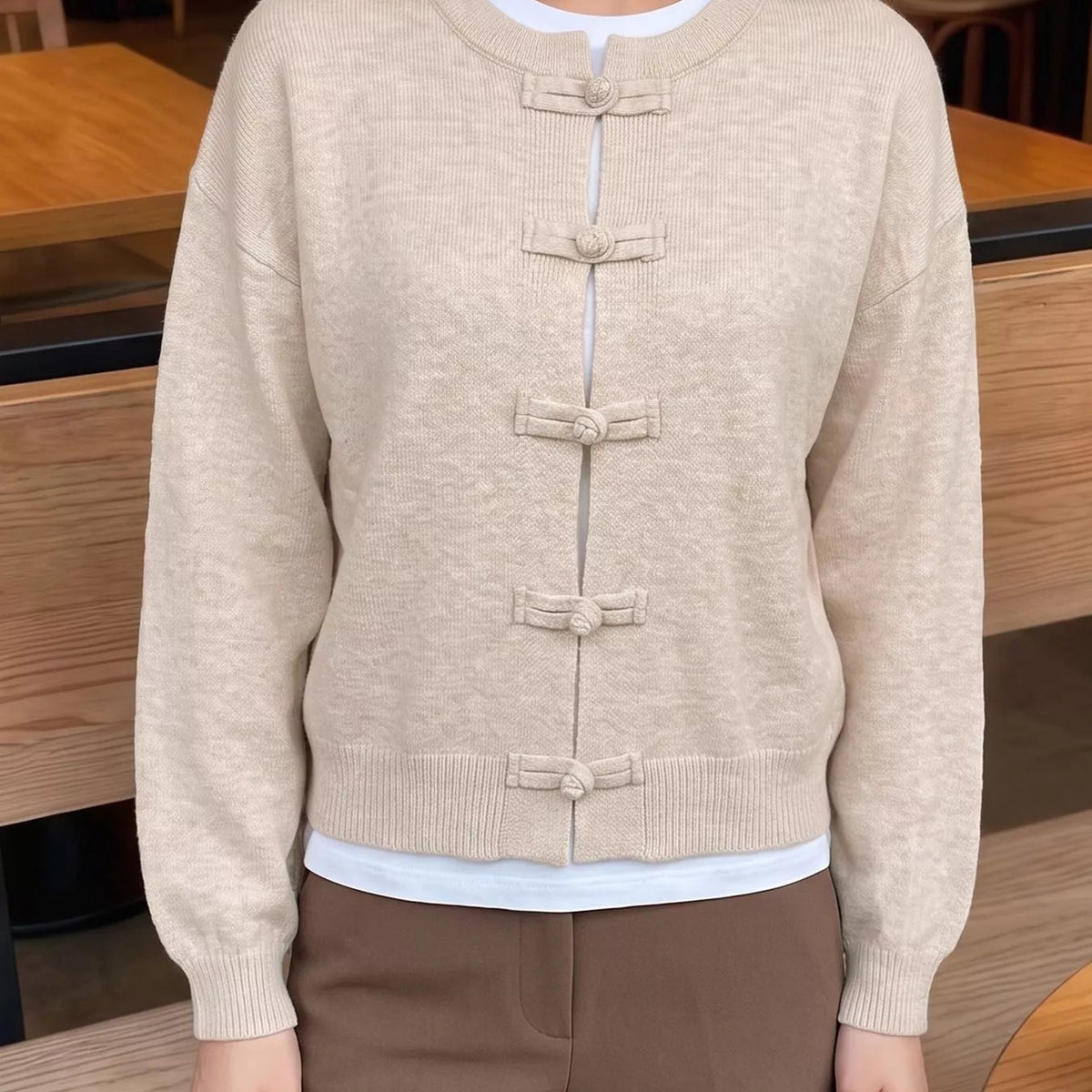 SOKYND Sara Frog Knots Knitted Cardigan CardiganSOKYND-490071-BEI-S-95895ApricotS