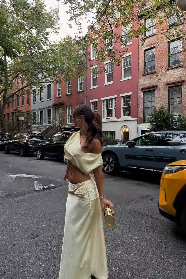 SOKYND Sienna Satin Pleated Crop Top & Skirt Set Matching SetsYellowXS