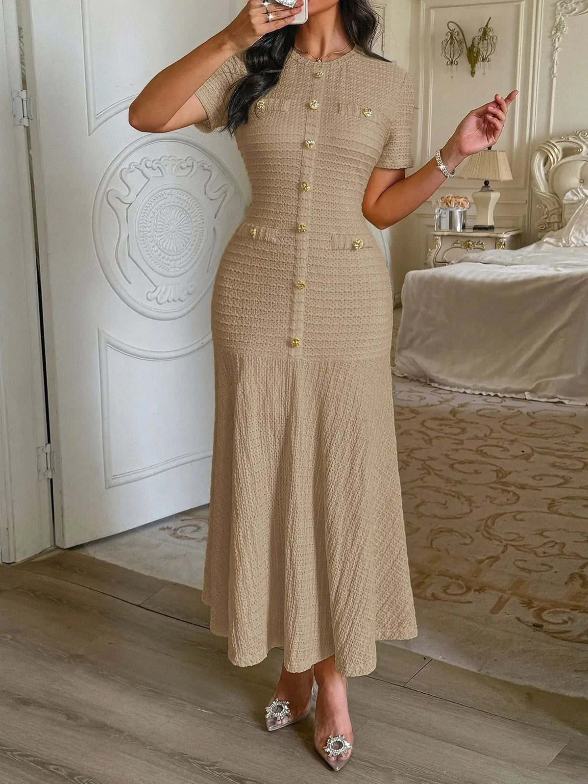 SOKYND Teresa Bodycon Flared Midi Dress DressSOKYND-522263-BEI-S-01431BeigeS