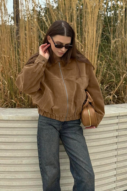Amelia Suede Zip-Up Bomber Jacket