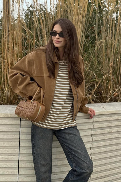 Amelia Suede Zip-Up Bomber Jacket