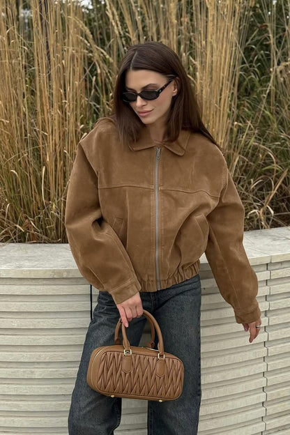 Amelia Suede Zip-Up Bomber Jacket