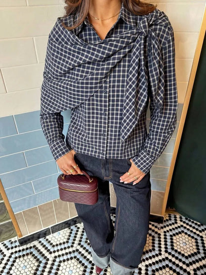 Sabrina Plaid Scarf-Tie Shirt