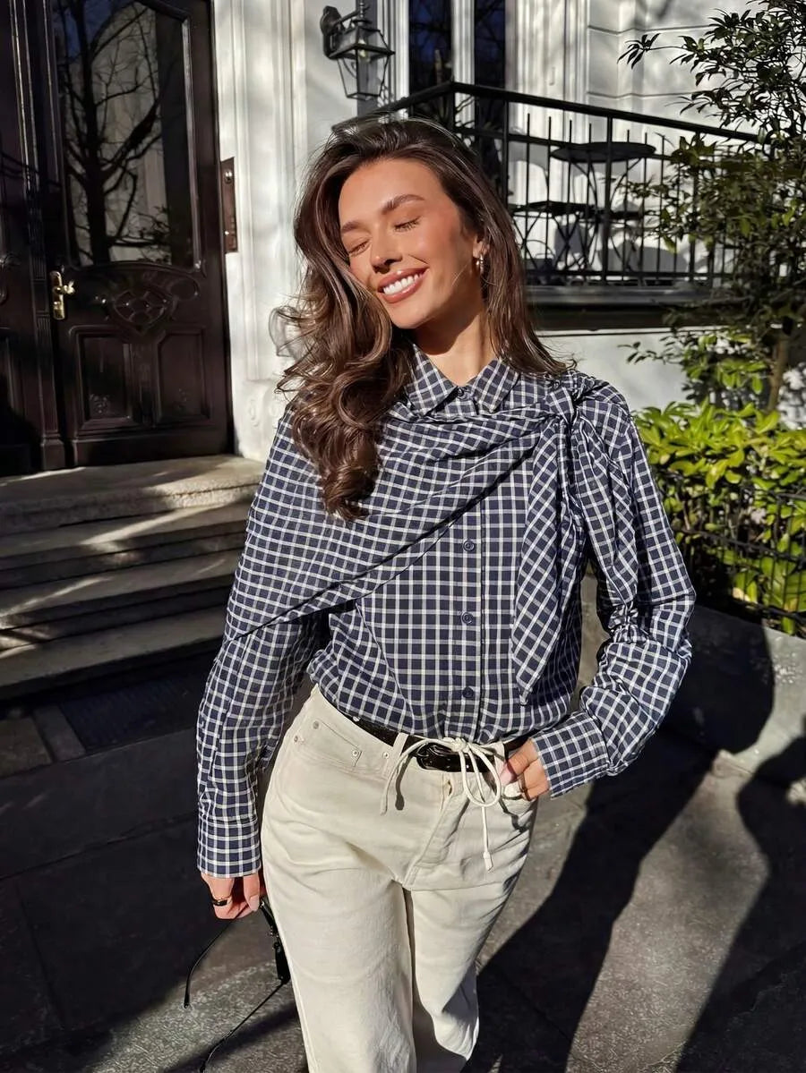 Sabrina Plaid Scarf-Tie Shirt