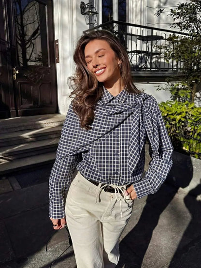Sabrina Plaid Scarf-Tie Shirt