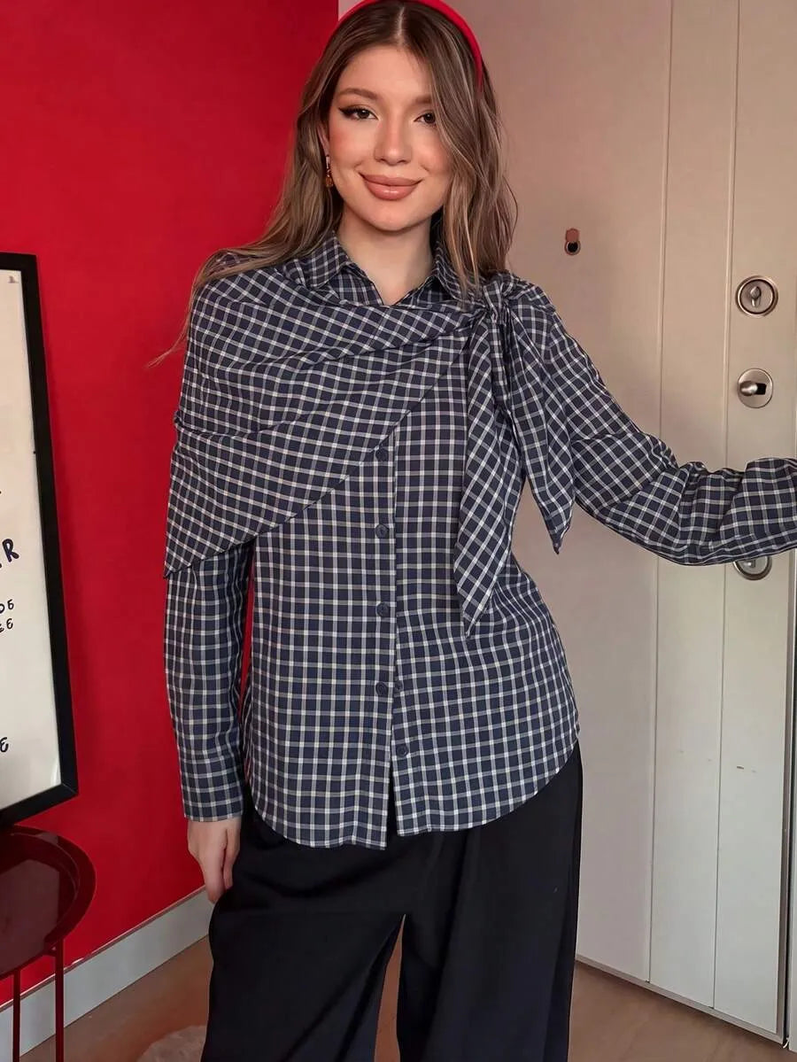 Sabrina Plaid Scarf-Tie Shirt