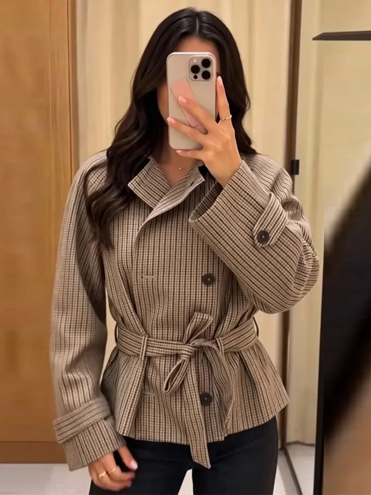 Nina Plaid Funnel Collar Trench Coat