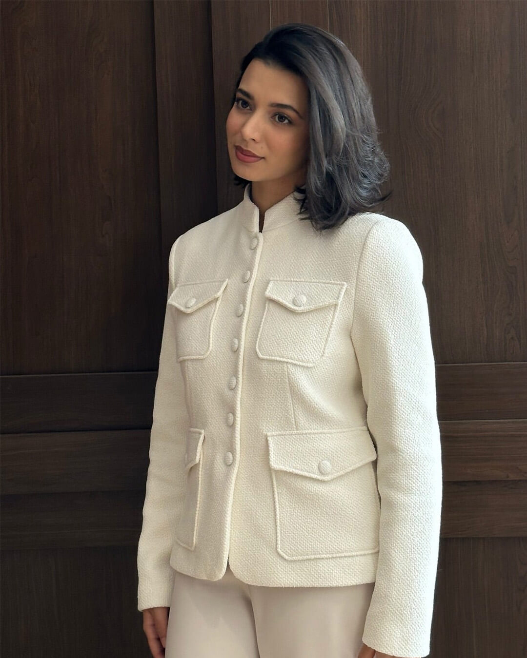 Angela Stand Collar Flap Pockets Blazer