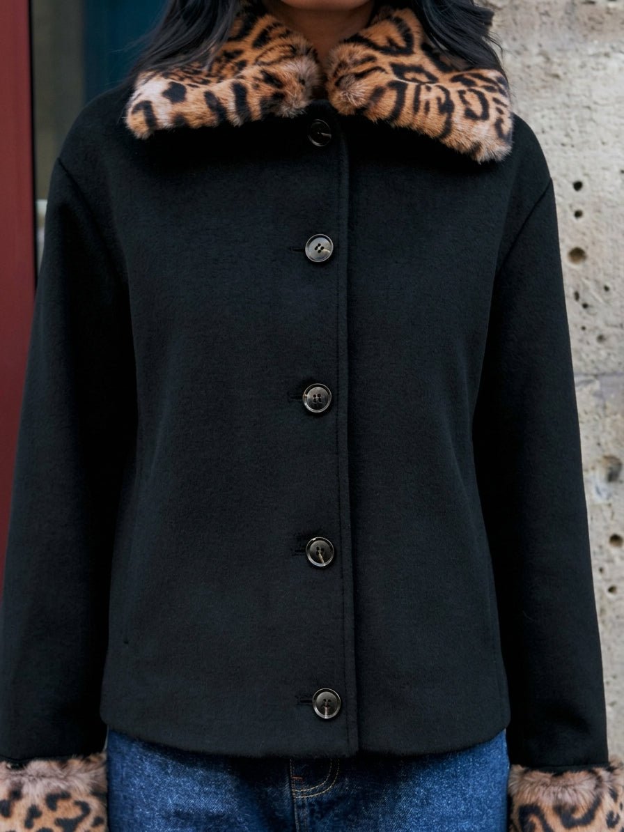 Laura Leopard Faux Fur Trim Button-Up Jacket