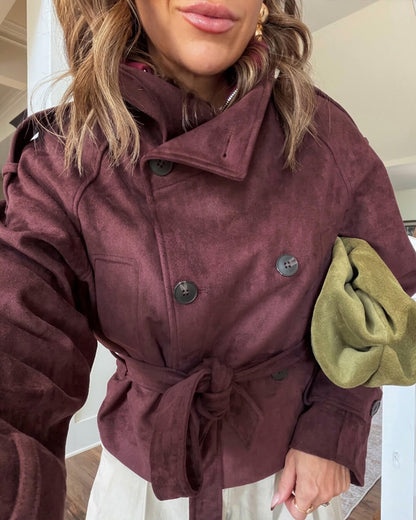 Miriam Funnel Neck Faux Suede Belted Jacket