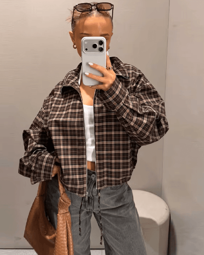 Eva High Collar Checked Zip Jacket