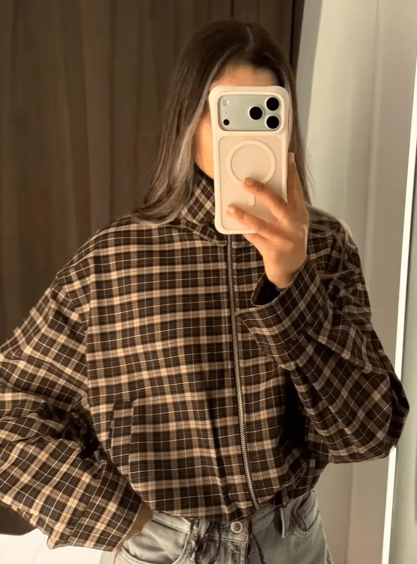 Eva High Collar Checked Zip Jacket