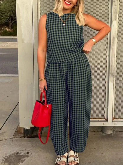 Camille Plaid Sleeveless Vest Set