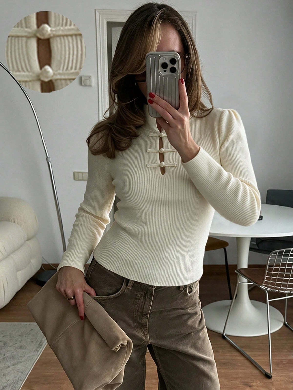 Naomi Mandarin Collar Ribbed Knit Top