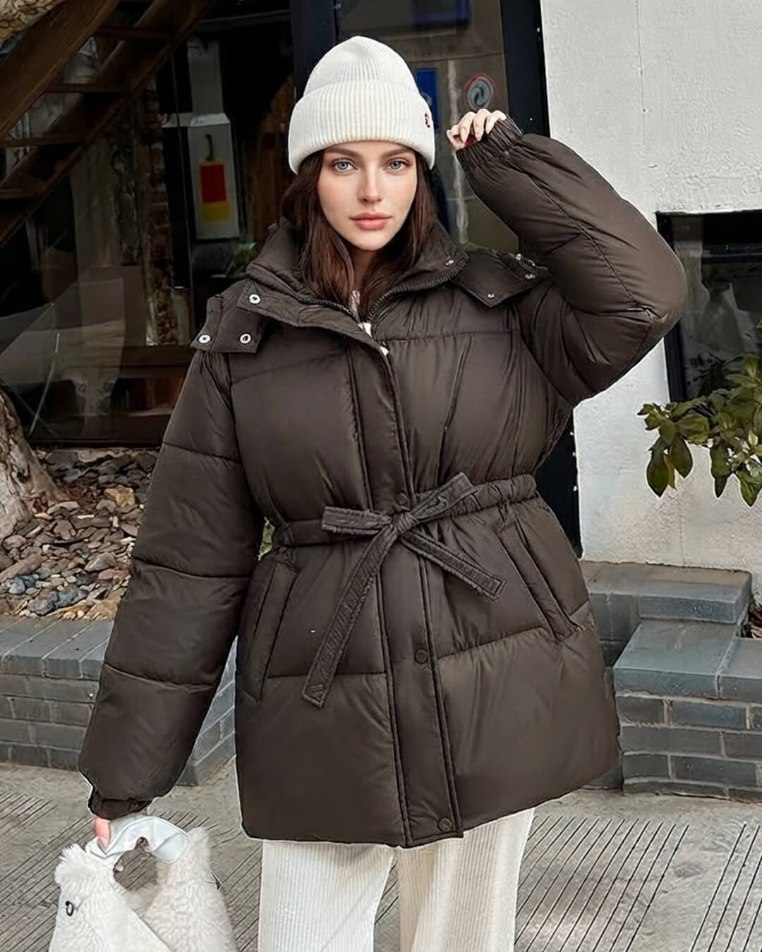 SOKYND Amelie Lace Up Hooded Coat CoatBrownS