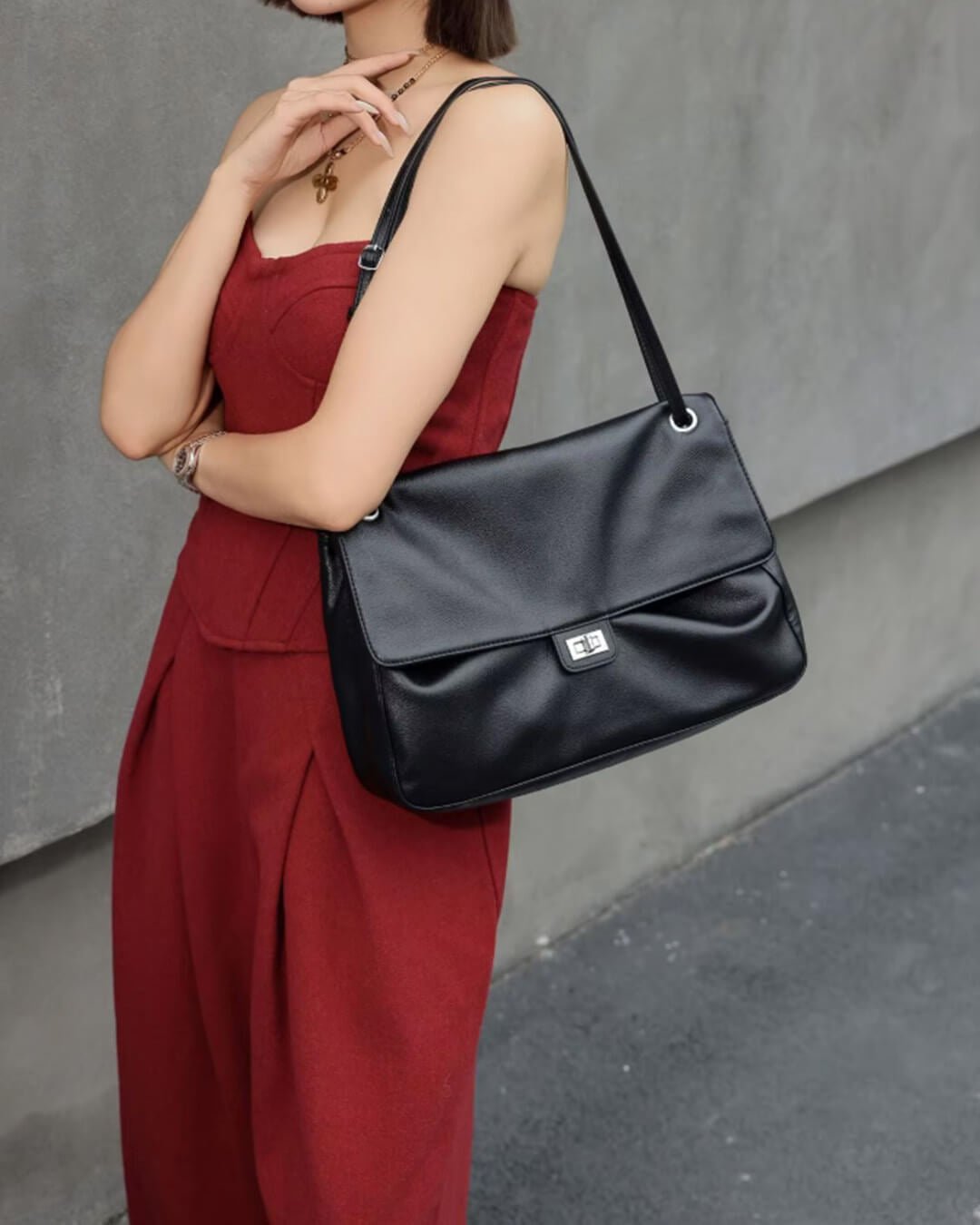 SOKYND Amelie Maxi Flap Leather Shoulder Bag BagSOKYND-400727-BLA-32-78359Black32x9x22 cm
