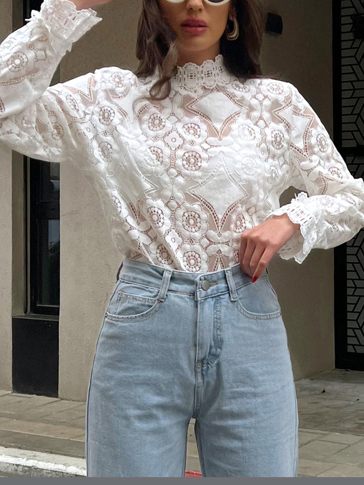 SOKYND Andy Long Sleeve Sheer Lace Top TopsCD1773141022777502540WhiteL