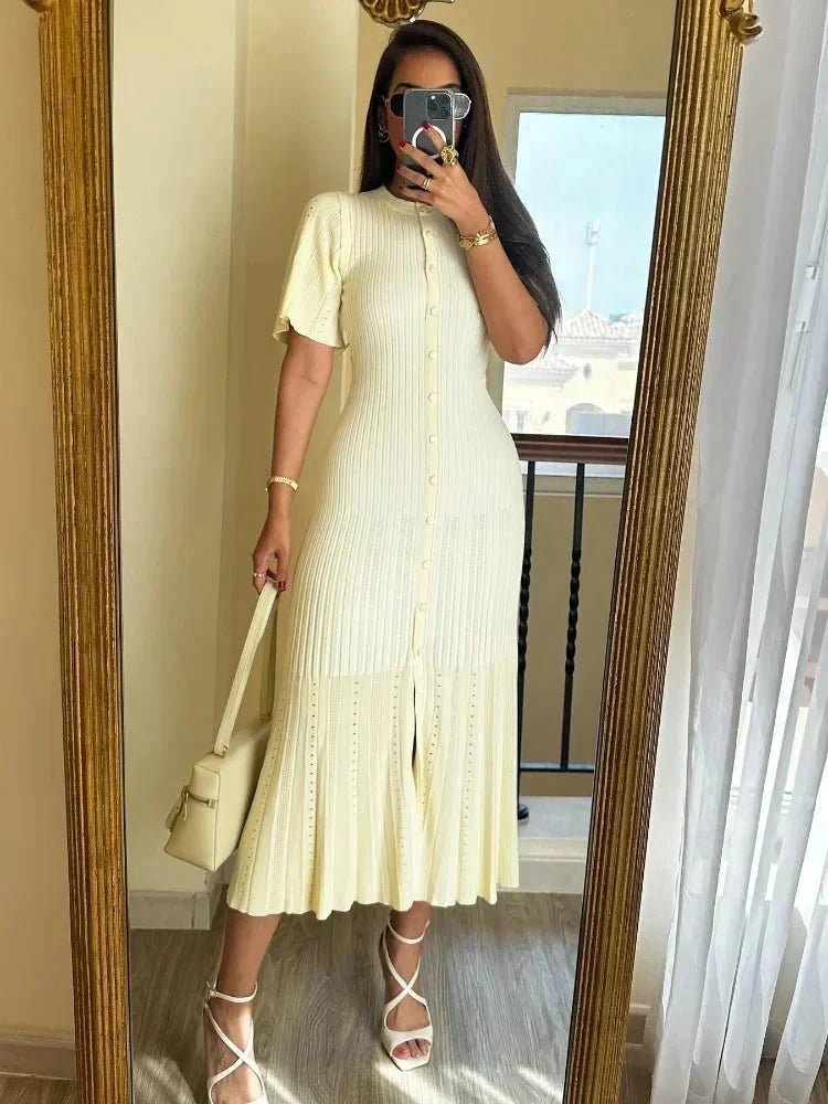 SOKYND Aneyla Bell Sleeve Pleated Knit Midi Dress DressesSOKYND-493911-BEI-S-33431BeigeS