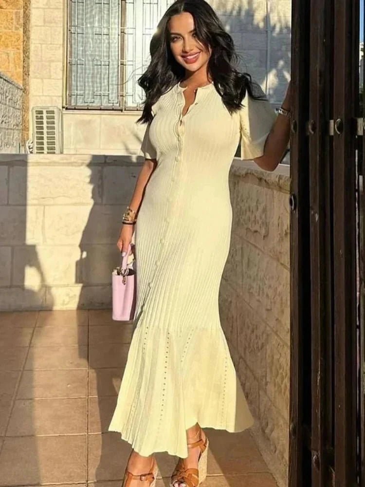 SOKYND Aneyla Bell Sleeve Pleated Knit Midi Dress DressesSOKYND-493911-BEI-S-33431BeigeS