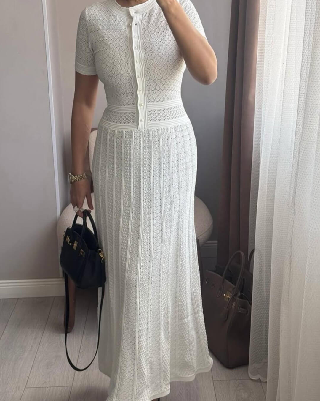 SOKYND Brynn Half Button Knitted Midi Dress DressWhiteXS
